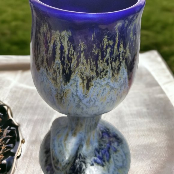 Doug Wylie Whale Tail Set-2 Wine/Water Handmade Goblet Blue/Grey Drip Pottery - Picture 8 of 15